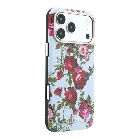 Guess Guess iPhone 18 Pro Hülle Hartschale - MagSafe - SW - PU - Blossom Roses-Muster Hellblau Guess Guess iPhone 18 Pro Hülle Hartschale - MagSafe - SW - PU - Blossom Roses-Muster Hellblau