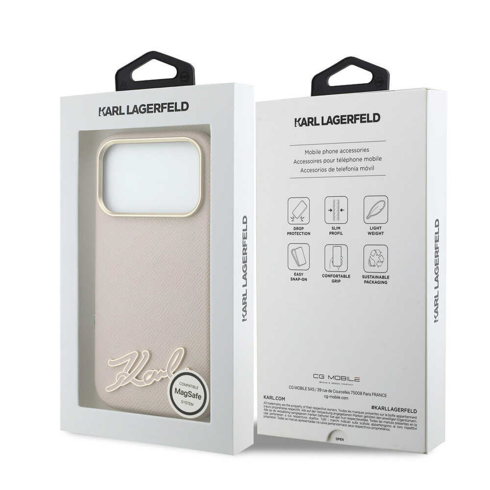 Karl Lagerfeld Karl iPhone 18 Pro Hoesje harde behuizing - MagSafe - SW - generfd PU - signatuurlogo van hars Roze Karl Lagerfeld Karl iPhone 18 Pro Hoesje harde behuizing - MagSafe - SW - generfd PU - signatuurlogo van hars Roze