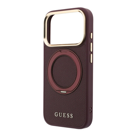 Guess Guess iPhone 18 Pro Coque structure rigide - MagSafe - anneau support à 360 degrés - PU grainé - logo classique Bordeaux
