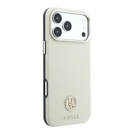 Guess Guess iPhone 18 Pro Case hard shell - MagSafe - SW - grained PU - round rhinestone logo Beige