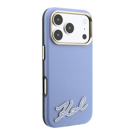 Karl Lagerfeld Karl iPhone 18 Pro Max Coque structure rigide - MagSafe - SW - PU grainé - logo signature en résine Bleu clair