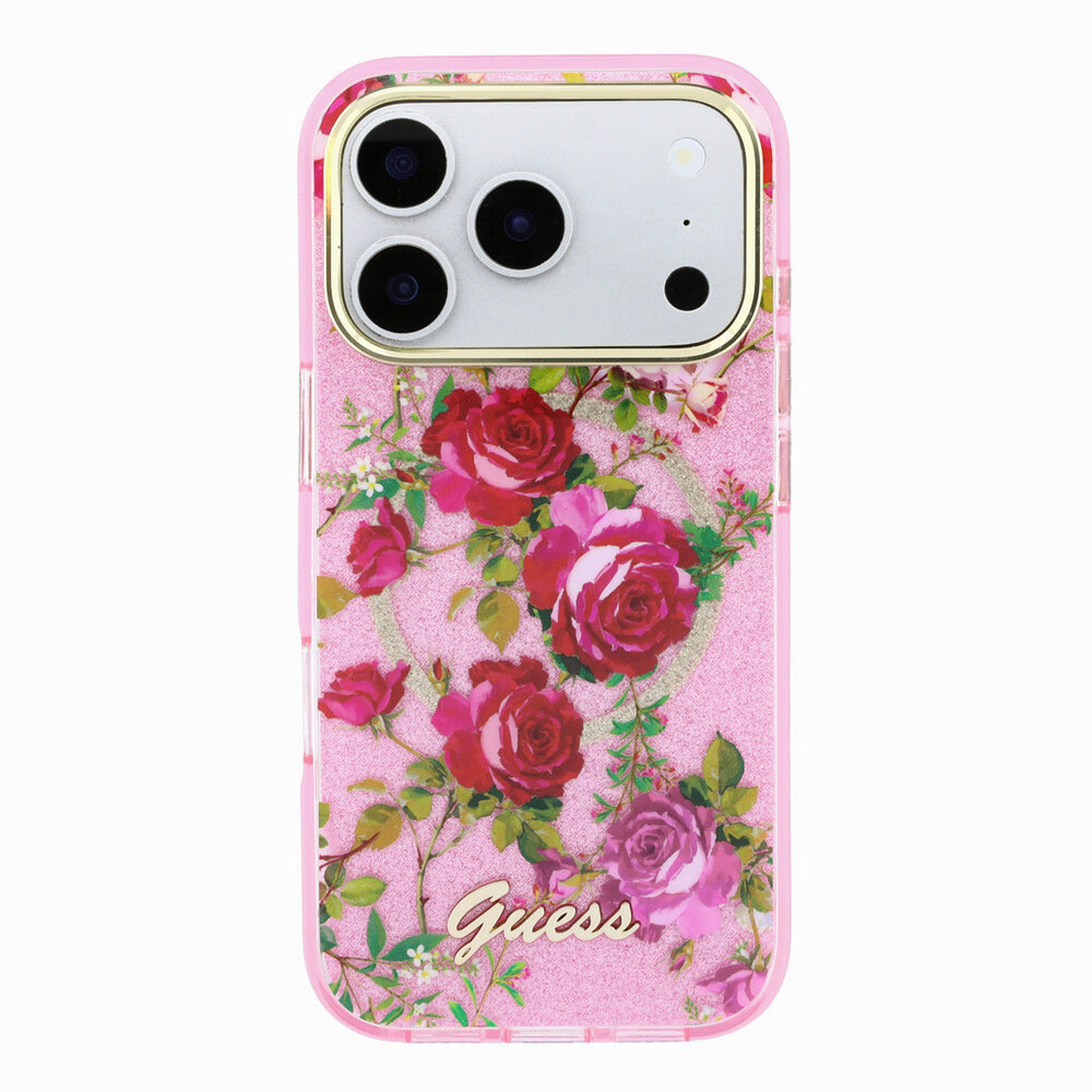 Guess Guess iPhone 18 Pro Coque structure rigide - MagSafe - IML - paillettes - Blossom Roses Rose