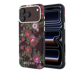 Guess Guess iPhone 18 Pro Hoesje harde behuizing - MagSafe - SW - PU - Blossom Roses-print Bordeauxrood