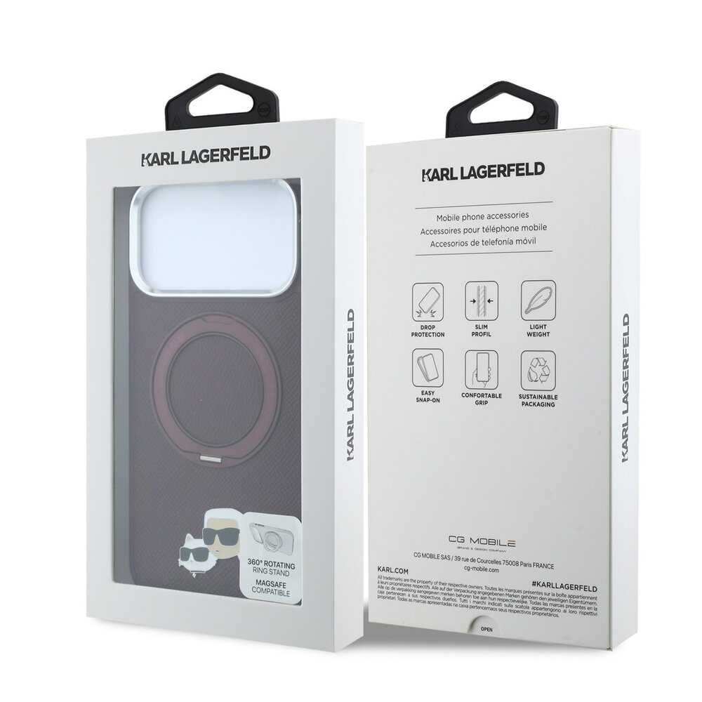 Karl Lagerfeld Karl iPhone 18 Pro Hoesje harde behuizing - MagSafe - PU - ringstandaard 360 - KC Heads-pin Bordeauxrood Karl Lagerfeld Karl iPhone 18 Pro Hoesje harde behuizing - MagSafe - PU - ringstandaard 360 - KC Heads-pin Bordeauxrood