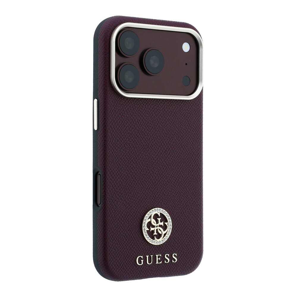 Guess Guess iPhone 18 Pro Hoesje harde behuizing - MagSafe - SW - generfd PU - rond strasslogo Bordeauxrood Guess Guess iPhone 18 Pro Hoesje harde behuizing - MagSafe - SW - generfd PU - rond strasslogo Bordeauxrood