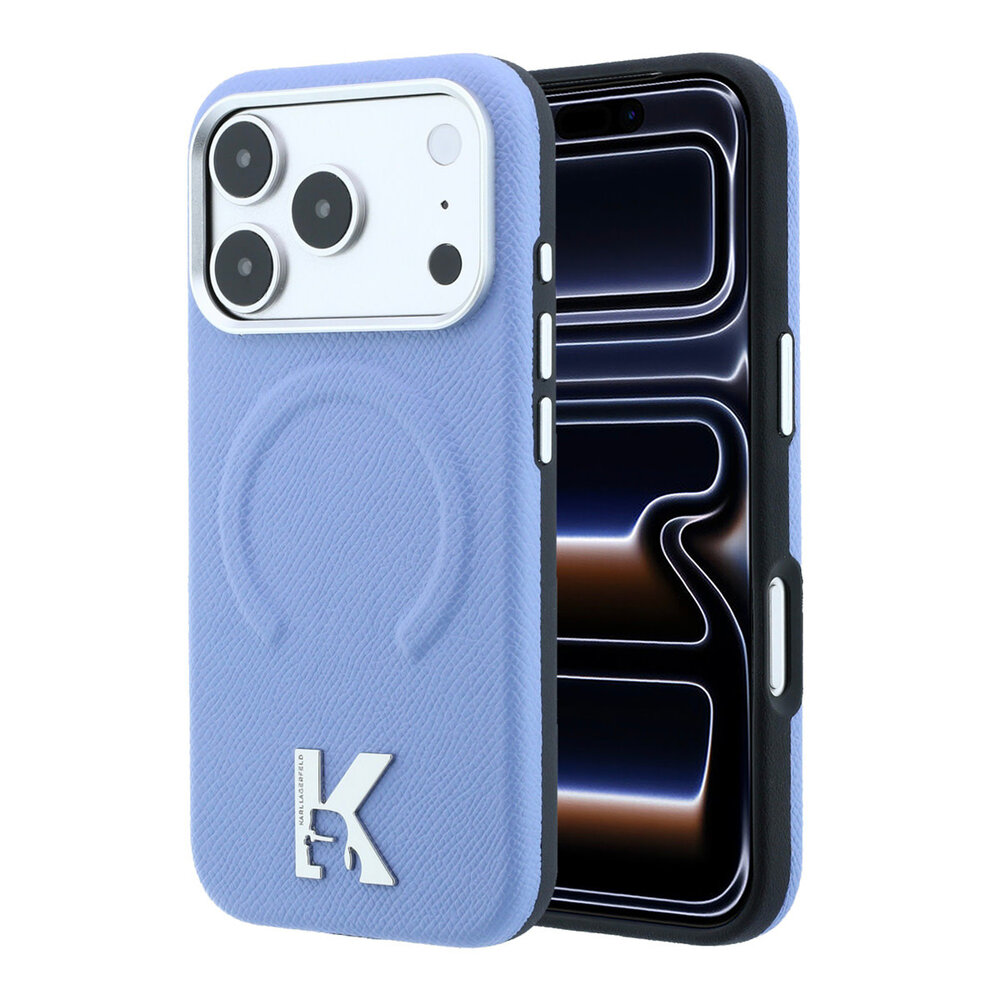 Karl Lagerfeld Karl iPhone 18 Pro Hoesje harde behuizing - MagSafe - SW - generfd PU - ring in reliëf - Kameo-logo Lichtblauw