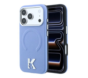 Karl Lagerfeld Karl iPhone 18 Pro Hoesje harde behuizing - MagSafe - SW - generfd PU - ring in reliëf - Kameo-logo Lichtblauw