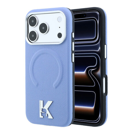 Karl Lagerfeld Karl iPhone 18 Pro Hoesje harde behuizing - MagSafe - SW - generfd PU - ring in reliëf - Kameo-logo Lichtblauw