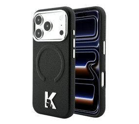 Karl Lagerfeld Karl iPhone 18 Pro Hoesje harde behuizing - MagSafe - SW - generfd PU - ring in reliëf - Kameo-logo Zwart