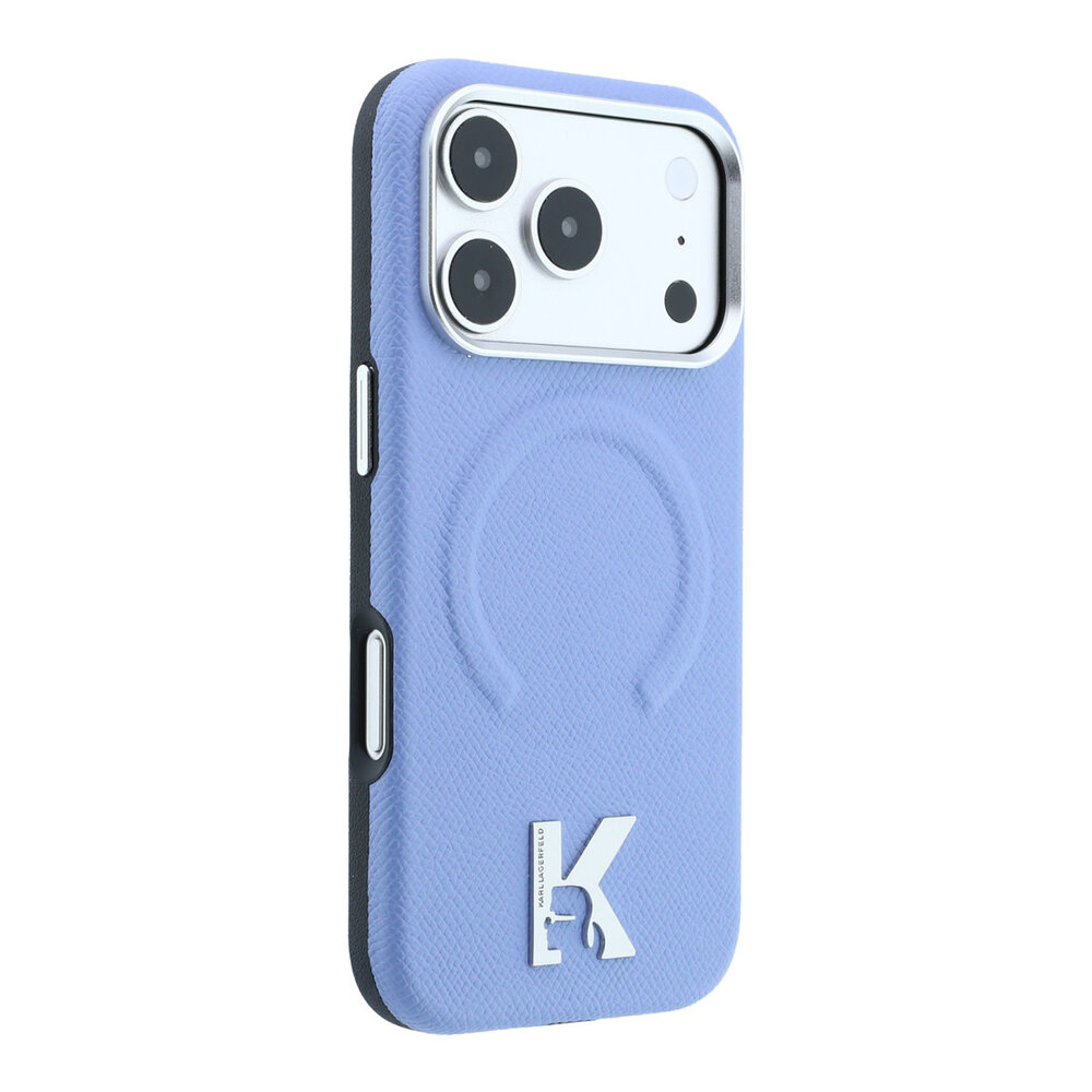 Karl Lagerfeld Karl iPhone 18 Pro Hoesje harde behuizing - MagSafe - SW - generfd PU - ring in reliëf - Kameo-logo Lichtblauw