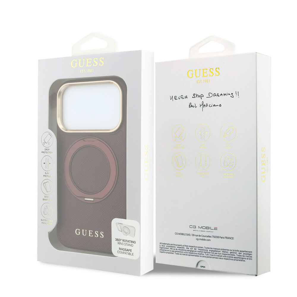 Guess Guess iPhone 18 Pro Max Coque structure rigide - MagSafe - anneau support à 360 degrés - PU grainé - logo classique Bordeaux Guess Guess iPhone 18 Pro Max Coque structure rigide - MagSafe - anneau support à 360 degrés - PU grainé - logo classique Bordeaux