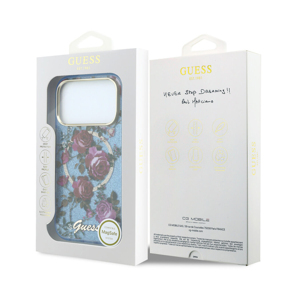 Guess Guess iPhone 18 Pro Hoesje harde behuizing - MagSafe - IML - glitter - Blossom Roses Lichtblauw Guess Guess iPhone 18 Pro Hoesje harde behuizing - MagSafe - IML - glitter - Blossom Roses Lichtblauw