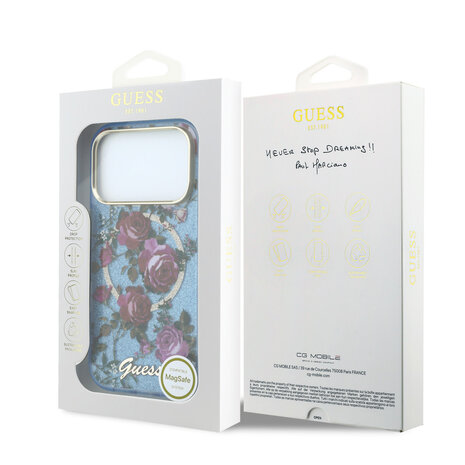 Guess Guess iPhone 18 Pro Hülle Hartschale - MagSafe - IML - Glitzer - Blossom Roses Hellblau
