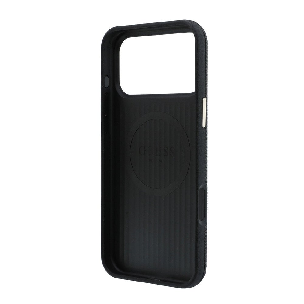 Guess Guess iPhone 18 Pro Coque structure rigide - MagSafe - SW - PU grainé - logo rond en strass Noir