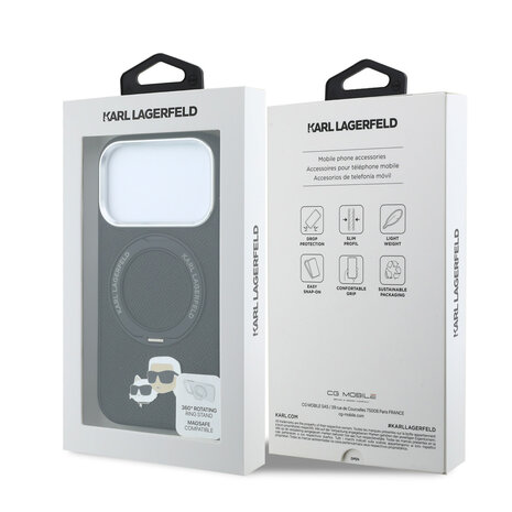 Karl Lagerfeld Karl iPhone 18 Pro Max Hoesje harde behuizing - MagSafe - PU - ringstandaard 360 - KC Heads-pin Zwart