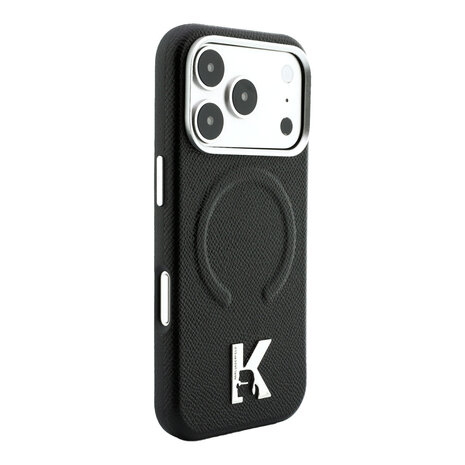 Karl Lagerfeld Karl iPhone 18 Pro Hoesje harde behuizing - MagSafe - SW - generfd PU - ring in reliëf - Kameo-logo Zwart