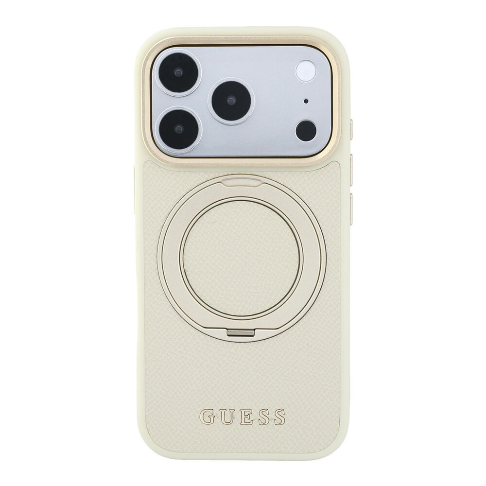 Guess Guess iPhone 18 Pro Max Hoesje harde behuizing - MagSafe - ringstandaard 360 - generfd PU - klassiek logo Beige Guess Guess iPhone 18 Pro Max Hoesje harde behuizing - MagSafe - ringstandaard 360 - generfd PU - klassiek logo Beige