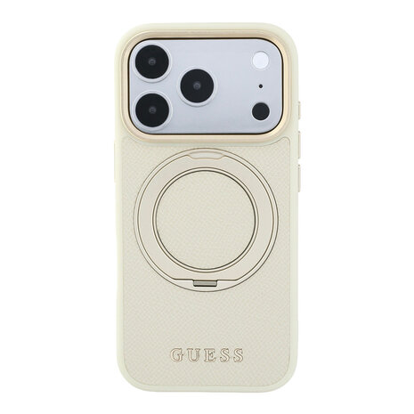 Guess Guess iPhone 18 Pro Max Coque structure rigide - MagSafe - anneau support à 360 degrés - PU grainé - logo classique Beige