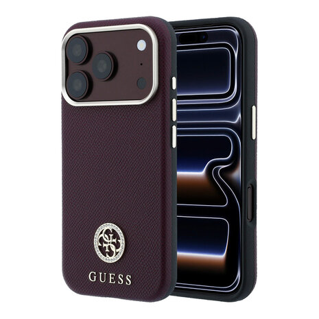 Guess Guess iPhone 18 Pro Max Hoesje harde behuizing - MagSafe - SW - generfd PU - rond strasslogo Bordeauxrood Guess Guess iPhone 18 Pro Max Hoesje harde behuizing - MagSafe - SW - generfd PU - rond strasslogo Bordeauxrood