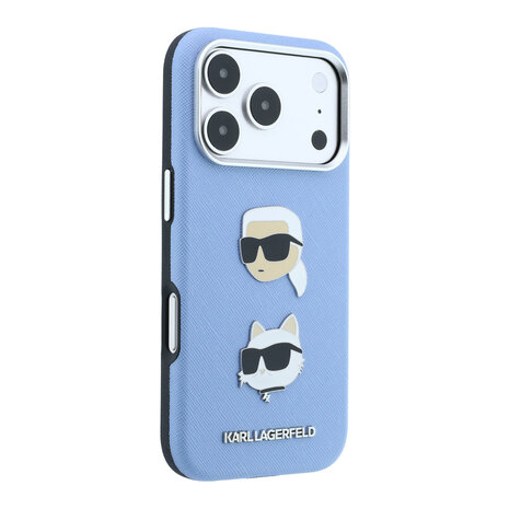 Karl Lagerfeld Karl iPhone 18 Pro Max Hülle Hartschale - SW - PU - Saffiano - K&C Heads-Anstecker - Logo Hellblau