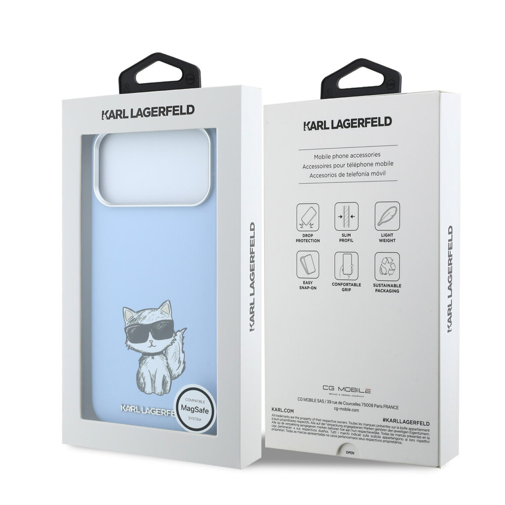 Karl Lagerfeld Karl iPhone 18 Pro Max Hoesje harde behuizing - MagSafe - SW - glad PU - Choupette Sketch Lichtblauw
