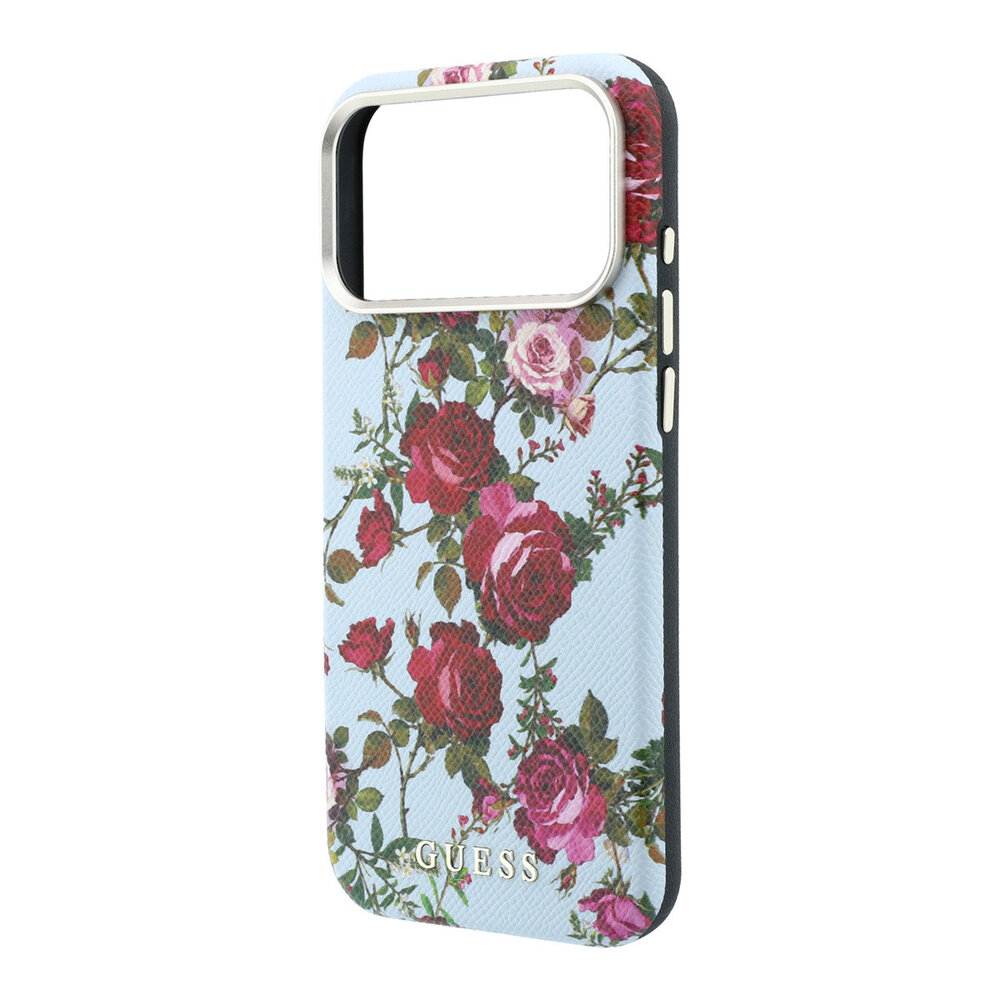 Guess Guess iPhone 18 Pro Hoesje harde behuizing - MagSafe - SW - PU - Blossom Roses-print Lichtblauw Guess Guess iPhone 18 Pro Hoesje harde behuizing - MagSafe - SW - PU - Blossom Roses-print Lichtblauw