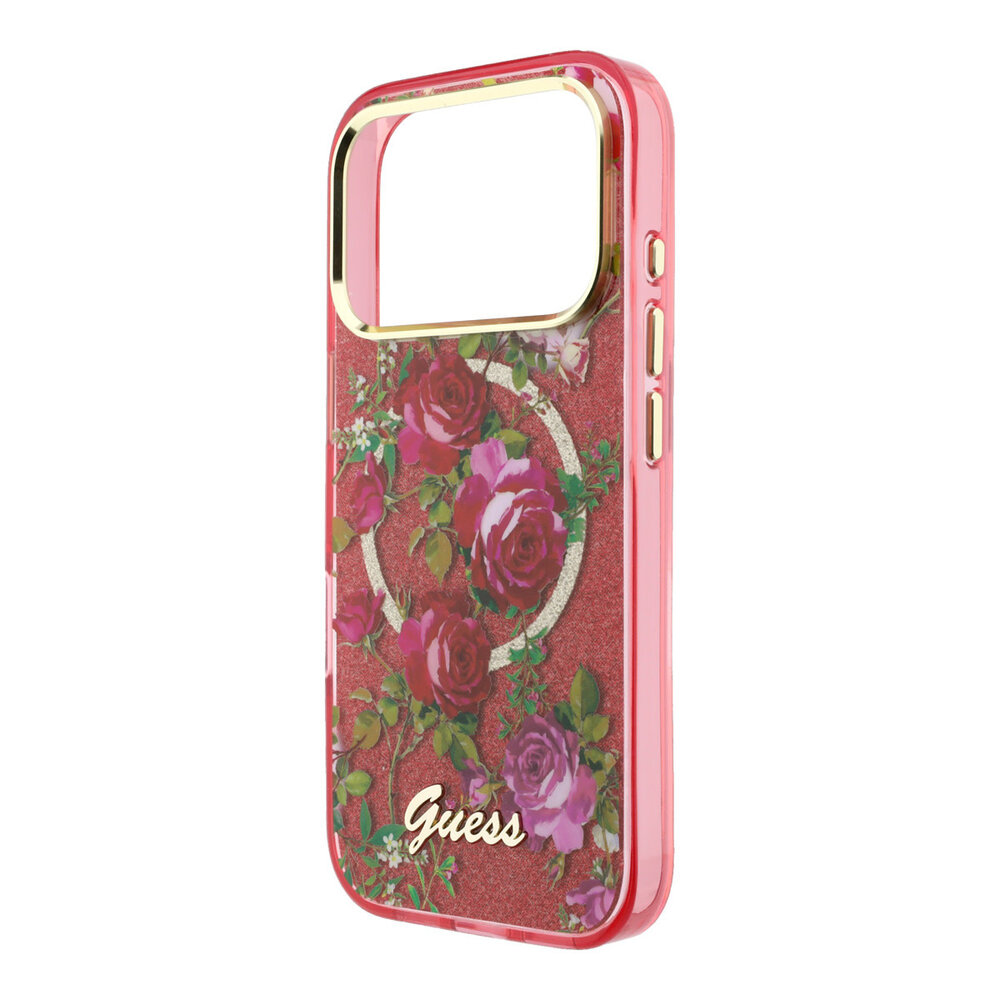 Guess Guess iPhone 18 Pro Max Hülle Hartschale - MagSafe - IML - Glitzer - Blossom Roses Bordeauxrot