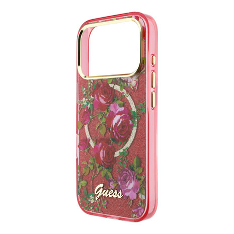 Guess Guess iPhone 18 Pro Max Hülle Hartschale - MagSafe - IML - Glitzer - Blossom Roses Bordeauxrot