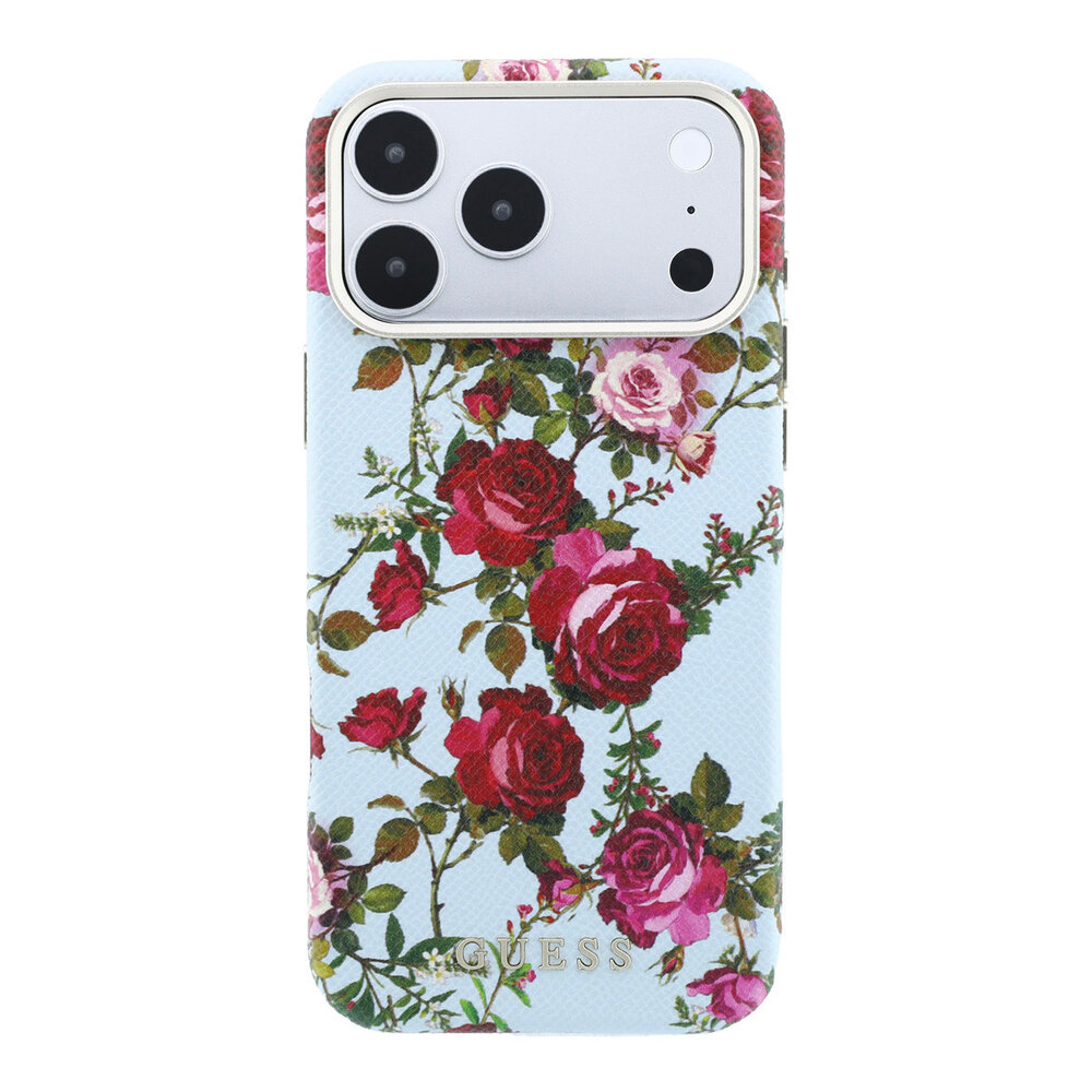 Guess Guess iPhone 18 Pro Hoesje harde behuizing - MagSafe - SW - PU - Blossom Roses-print Lichtblauw Guess Guess iPhone 18 Pro Hoesje harde behuizing - MagSafe - SW - PU - Blossom Roses-print Lichtblauw
