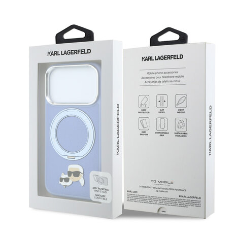Karl Lagerfeld Karl iPhone 18 Pro Hülle Hartschale - MagSafe - PU - 360-Grad-Ringständer - KC Heads-Anstecker Hellblau Karl Lagerfeld Karl iPhone 18 Pro Hülle Hartschale - MagSafe - PU - 360-Grad-Ringständer - KC Heads-Anstecker Hellblau