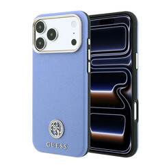 Guess iPhone 18 Pro/iPhone 17 Pro Coque rigide - MagSafe - SW - PU grainé - Logo rond en strass - Bleu clair