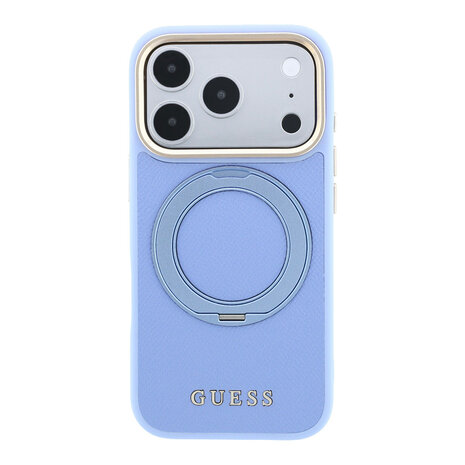 Guess Guess iPhone 18 Pro Case hard shell - MagSafe - 360-degree ring stand - grained PU - classic logo Light blue
