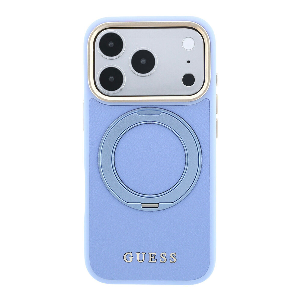 Guess Guess iPhone 18 Pro Max Hoesje harde behuizing - MagSafe - ringstandaard 360 - generfd PU - klassiek logo Lichtblauw Guess Guess iPhone 18 Pro Max Hoesje harde behuizing - MagSafe - ringstandaard 360 - generfd PU - klassiek logo Lichtblauw