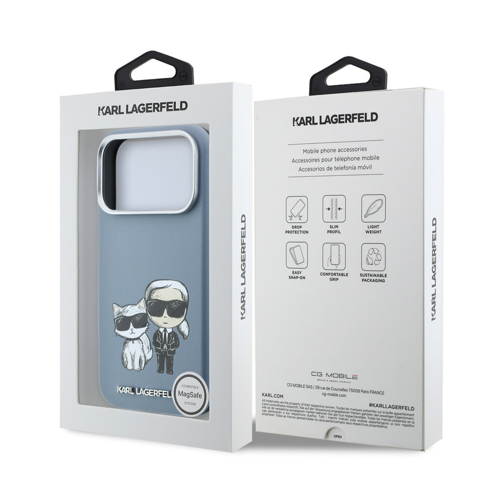 Karl Lagerfeld Karl iPhone 18 Pro Hoesje harde behuizing - MagSafe - SW - glad PU - KC Bodies Sketch Lichtblauw