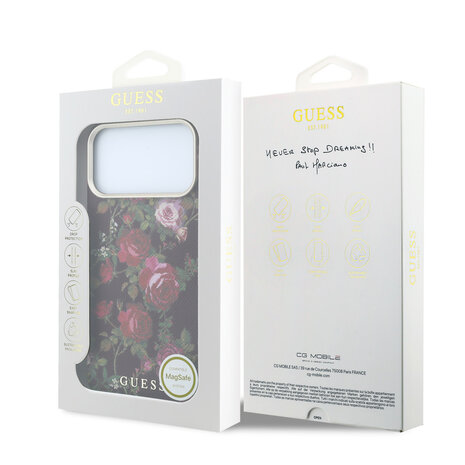 Guess Guess iPhone 18 Pro Max Hoesje harde behuizing - MagSafe - SW - PU - Blossom Roses-print Bordeauxrood Guess Guess iPhone 18 Pro Max Hoesje harde behuizing - MagSafe - SW - PU - Blossom Roses-print Bordeauxrood