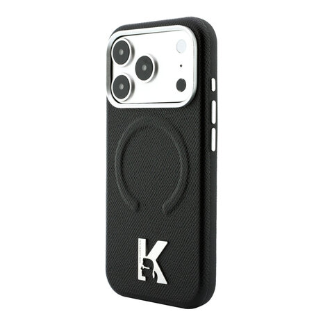 Karl Lagerfeld Karl iPhone 18 Pro Hoesje harde behuizing - MagSafe - SW - generfd PU - ring in reliëf - Kameo-logo Zwart
