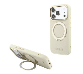 Guess Guess iPhone 18 Pro Hoesje harde behuizing - MagSafe - ringstandaard 360 - generfd PU - klassiek logo Beige