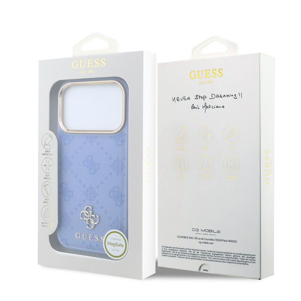 Guess Guess iPhone 18 Pro Max Hoesje harde behuizing - MagSafe - Peony - HS - 4G - klein logo Lichtblauw Guess Guess iPhone 18 Pro Max Hoesje harde behuizing - MagSafe - Peony - HS - 4G - klein logo Lichtblauw