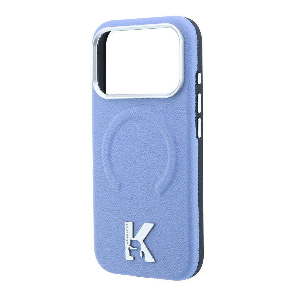 Karl Lagerfeld Karl iPhone 18 Pro Hoesje harde behuizing - MagSafe - SW - generfd PU - ring in reliëf - Kameo-logo Lichtblauw