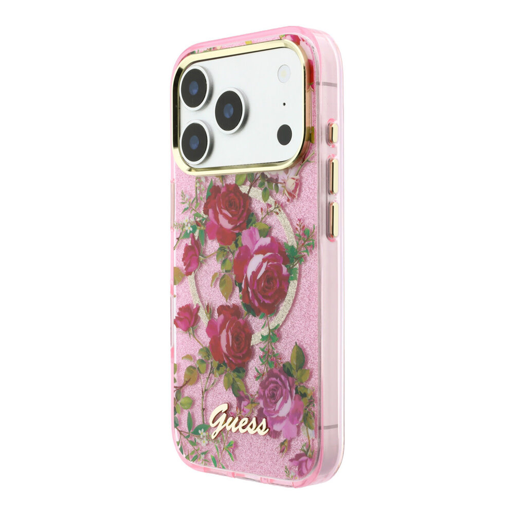 Guess Guess iPhone 18 Pro Coque structure rigide - MagSafe - IML - paillettes - Blossom Roses Rose