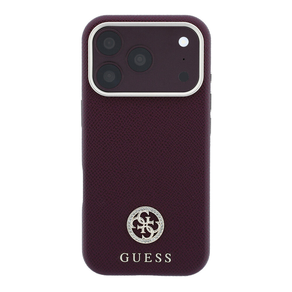 Guess Guess iPhone 18 Pro Hoesje harde behuizing - MagSafe - SW - generfd PU - rond strasslogo Bordeauxrood Guess Guess iPhone 18 Pro Hoesje harde behuizing - MagSafe - SW - generfd PU - rond strasslogo Bordeauxrood