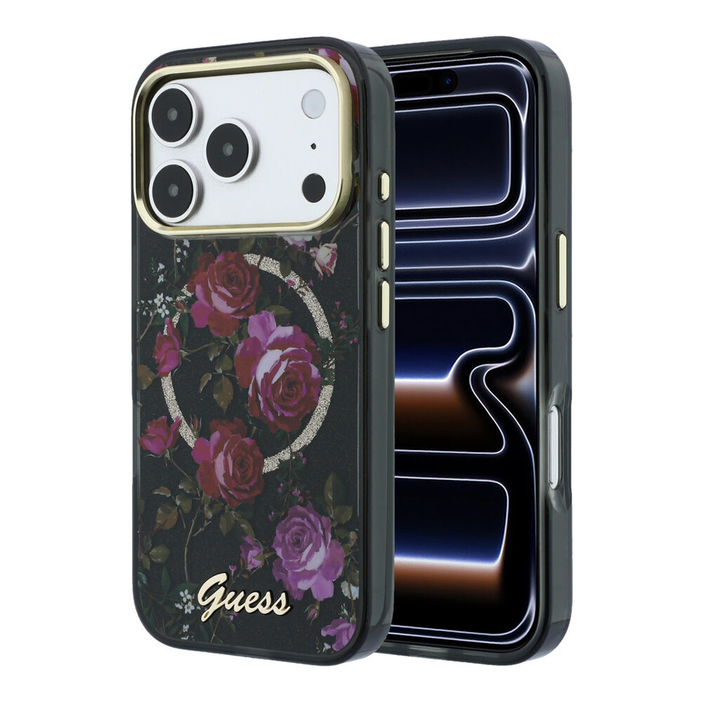 Guess Guess iPhone 18 Pro Max Hülle Hartschale - MagSafe - IML - Glitzer - Blossom Roses Schwarz