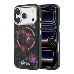 Guess iPhone 18 Pro Max/iPhone 17 Pro Max Hartschalenhülle MagSafe IML Glitzer Blossom Roses Rosenmuster - Schwarz