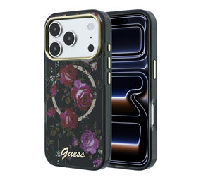 Guess Guess iPhone 18 Pro Max Hoesje harde behuizing - MagSafe - IML - glitter - Blossom Roses Zwart