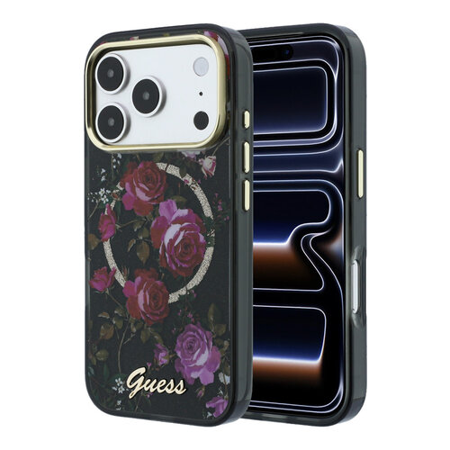 Guess Guess iPhone 18 Pro Max/iPhone 17 Pro Max Hartschalenhülle MagSafe IML Glitzer Blossom Roses Rosenmuster - Schwarz