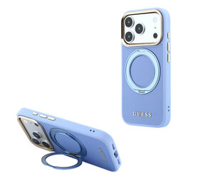 Guess Guess iPhone 18 Pro Max Hoesje harde behuizing - MagSafe - ringstandaard 360 - generfd PU - klassiek logo Lichtblauw