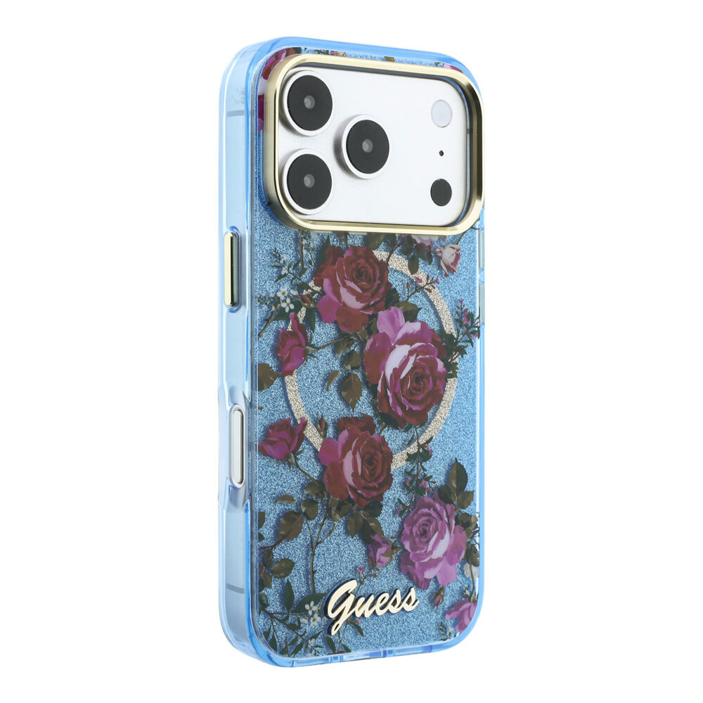 Guess Guess iPhone 18 Pro Hülle Hartschale - MagSafe - IML - Glitzer - Blossom Roses Hellblau