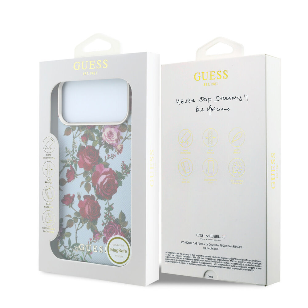 Guess Guess iPhone 18 Pro Hülle Hartschale - MagSafe - SW - PU - Blossom Roses-Muster Hellblau Guess Guess iPhone 18 Pro Hülle Hartschale - MagSafe - SW - PU - Blossom Roses-Muster Hellblau