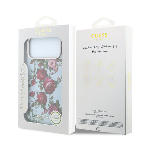Guess Guess iPhone 18 Pro Hoesje harde behuizing - MagSafe - SW - PU - Blossom Roses-print Lichtblauw Guess Guess iPhone 18 Pro Hoesje harde behuizing - MagSafe - SW - PU - Blossom Roses-print Lichtblauw