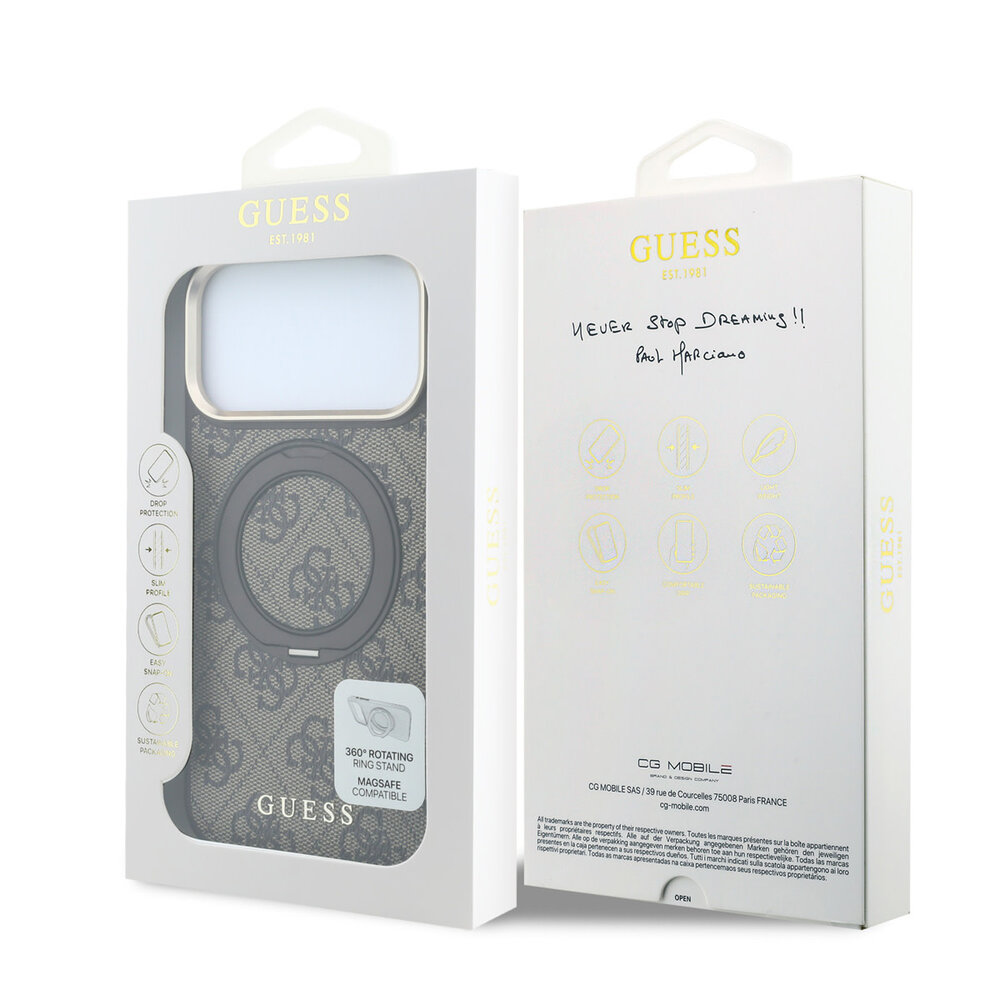 Guess Guess iPhone 18 Pro Hoesje harde behuizing - MagSafe - ringstandaard 360 - 4G - PU - klassiek logo Bruin Guess Guess iPhone 18 Pro Hoesje harde behuizing - MagSafe - ringstandaard 360 - 4G - PU - klassiek logo Bruin